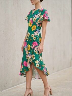 Black Halo Emerald Green Floral Midi Dress with Yellow & Pink Blooms
